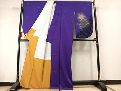 平和屋着物●小振袖　二尺袖　草花文　金彩　洗える着物　AABM8358fy
