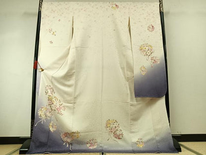 平和屋着物●豪華振袖　草花文　暈し染め　銀通し地　ロング丈　正絹　逸品　AABM8361fy