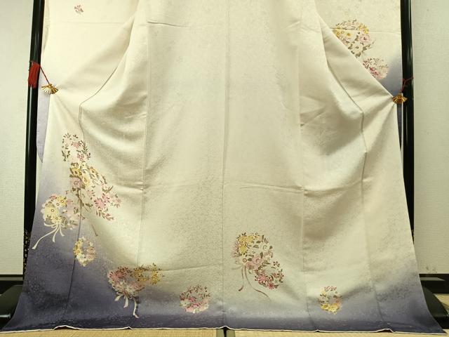 平和屋着物●豪華振袖　草花文　暈し染め　銀通し地　ロング丈　正絹　逸品　AABM8361fy