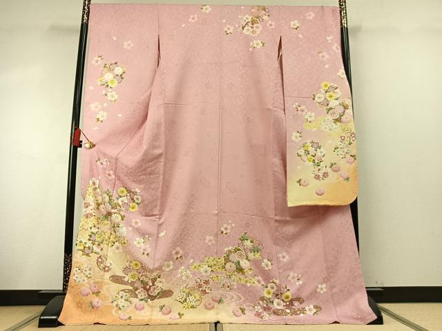 平和屋着物●豪華振袖　雪輪花文　暈し染め　金彩　ロング丈　正絹　逸品　AABM8363fy