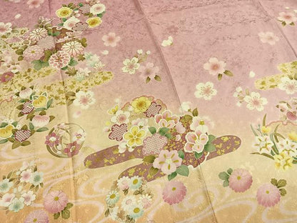 平和屋着物●豪華振袖　雪輪花文　暈し染め　金彩　ロング丈　正絹　逸品　AABM8363fy