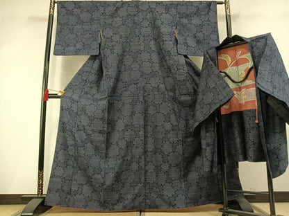 平和屋着物●本場結城紬　重要無形文化財　アンサンブル　100亀甲　雪輪文様　正絹　逸品　AABM8369fy