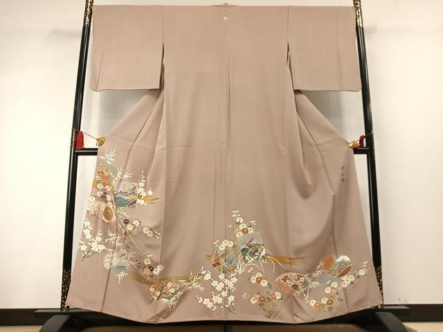 平和屋着物●西陣　京の名門　じゅらく謹製　帝王紫　色留袖　駒刺繍　色紙飛鳥枝梅花文　金彩　正絹　逸品　AABM8378fy