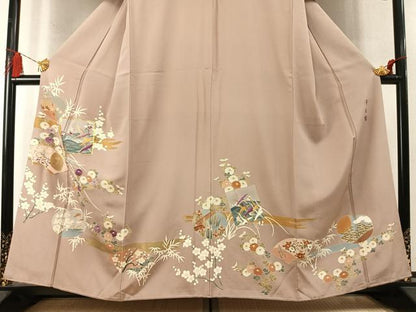 平和屋着物●西陣　京の名門　じゅらく謹製　帝王紫　色留袖　駒刺繍　色紙飛鳥枝梅花文　金彩　正絹　逸品　AABM8378fy
