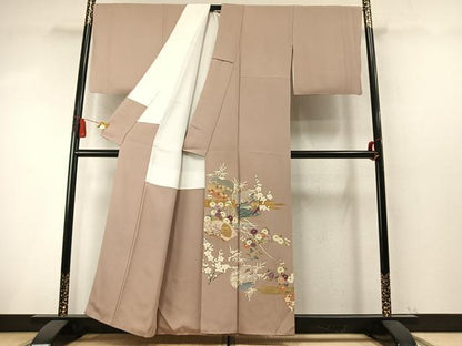 平和屋着物●西陣　京の名門　じゅらく謹製　帝王紫　色留袖　駒刺繍　色紙飛鳥枝梅花文　金彩　正絹　逸品　AABM8378fy