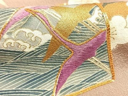 平和屋着物●西陣　京の名門　じゅらく謹製　帝王紫　色留袖　駒刺繍　色紙飛鳥枝梅花文　金彩　正絹　逸品　AABM8378fy
