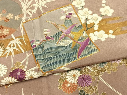 平和屋着物●西陣　京の名門　じゅらく謹製　帝王紫　色留袖　駒刺繍　色紙飛鳥枝梅花文　金彩　正絹　逸品　AABM8378fy