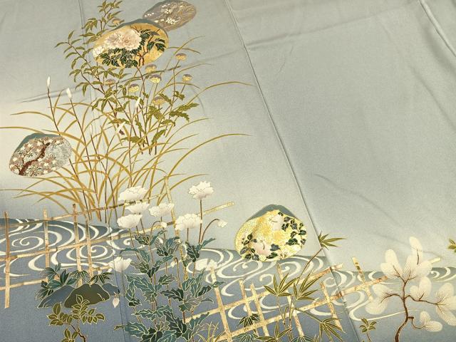 平和屋着物●訪問着　刺繍　草花文　暈し染め　金銀彩　さが美扱い　正絹　逸品　AABM8382fy