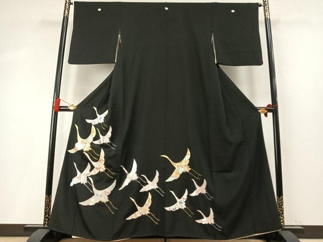 平和屋着物●豪華黒留袖　駒刺繍　飛鳥花文　金銀糸　正絹　逸品　AABM8436fy