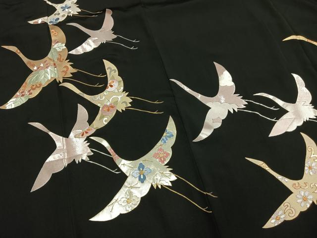 平和屋着物●豪華黒留袖　駒刺繍　飛鳥花文　金銀糸　正絹　逸品　AABM8436fy