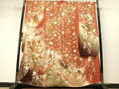 平和屋着物●豪華振袖 　駒刺繍　花蝶文　暈し染め　金彩　正絹　逸品　AABM8447fy