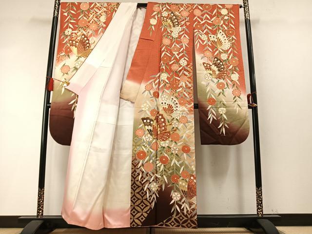 平和屋着物●豪華振袖 　駒刺繍　花蝶文　暈し染め　金彩　正絹　逸品　AABM8447fy