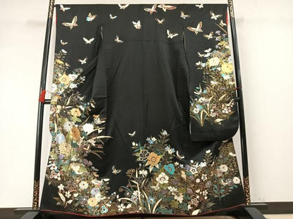 平和屋着物●豪華振袖 花蝶文　黒地　金銀彩　正絹　逸品　AABM8448fy