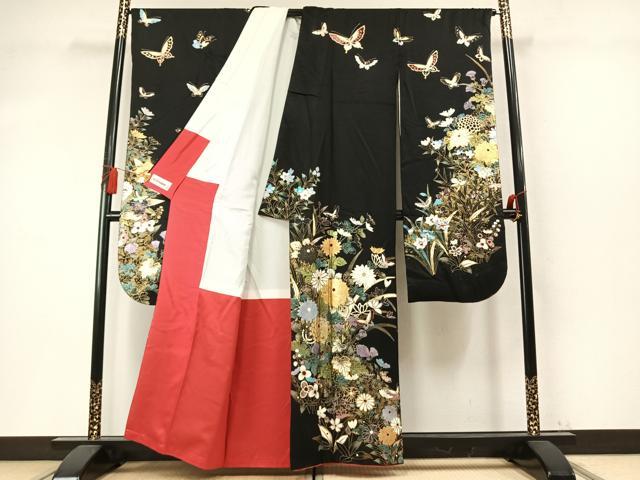平和屋着物●豪華振袖 花蝶文　黒地　金銀彩　正絹　逸品　AABM8448fy