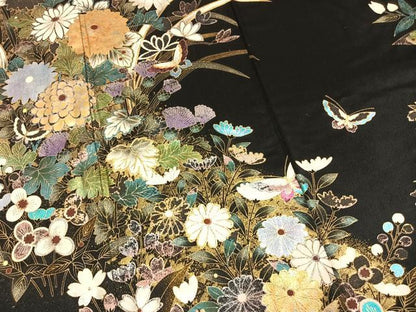 平和屋着物●豪華振袖 花蝶文　黒地　金銀彩　正絹　逸品　AABM8448fy