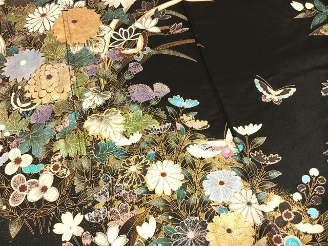 平和屋着物●豪華振袖 花蝶文　黒地　金銀彩　正絹　逸品　AABM8448fy