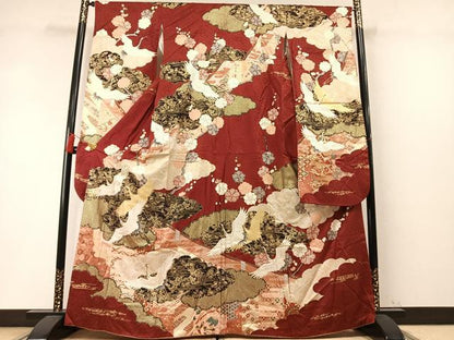 平和屋着物●豪華振袖　駒刺繍　雲取り飛鶴梅文　金彩　正絹　逸品　AABM8449fy
