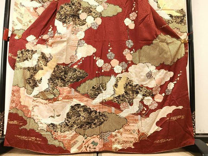 平和屋着物●豪華振袖　駒刺繍　雲取り飛鶴梅文　金彩　正絹　逸品　AABM8449fy