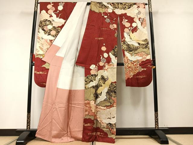 平和屋着物●豪華振袖　駒刺繍　雲取り飛鶴梅文　金彩　正絹　逸品　AABM8449fy