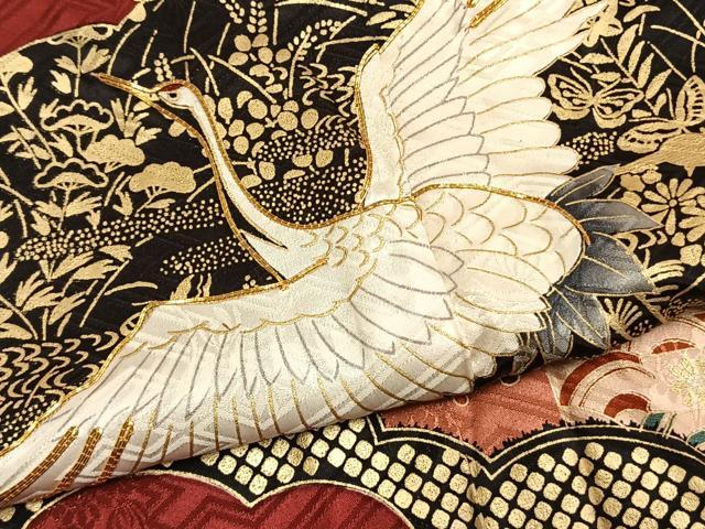 平和屋着物●豪華振袖　駒刺繍　雲取り飛鶴梅文　金彩　正絹　逸品　AABM8449fy