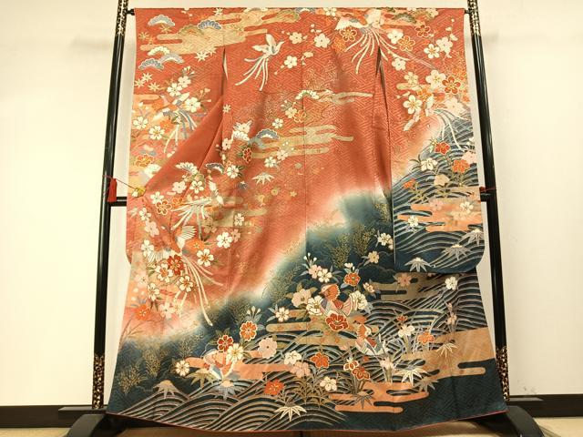 平和屋着物●豪華振袖　花鳥文　暈し染め　金銀彩　正絹　逸品　AABM8451fy