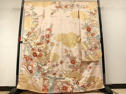 平和屋着物●十日町老舗ブランド　吉澤友禅　吾妻徳穂　振袖　駒刺繍　草花文　金彩　正絹　逸品　AABM8452fy