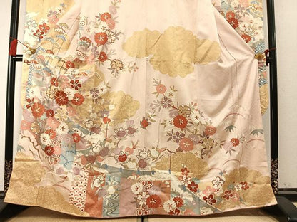 平和屋着物●十日町老舗ブランド　吉澤友禅　吾妻徳穂　振袖　駒刺繍　草花文　金彩　正絹　逸品　AABM8452fy