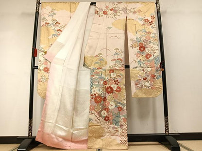 平和屋着物●十日町老舗ブランド　吉澤友禅　吾妻徳穂　振袖　駒刺繍　草花文　金彩　正絹　逸品　AABM8452fy