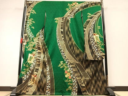 平和屋着物●豪華振袖　絞り　駒刺繍　御所車飛鶴松花文　金彩　正絹　逸品　AABM8454fy