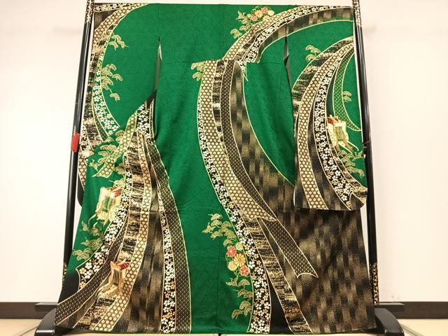 平和屋着物●豪華振袖　絞り　駒刺繍　御所車飛鶴松花文　金彩　正絹　逸品　AABM8454fy