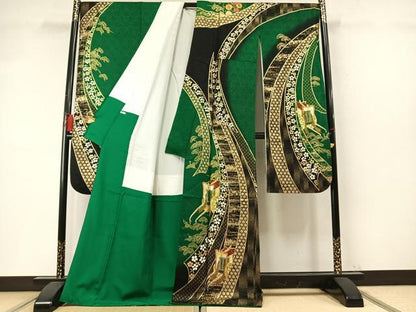 平和屋着物●豪華振袖　絞り　駒刺繍　御所車飛鶴松花文　金彩　正絹　逸品　AABM8454fy