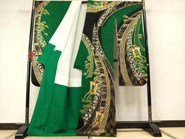 平和屋着物●豪華振袖　絞り　駒刺繍　御所車飛鶴松花文　金彩　正絹　逸品　AABM8454fy