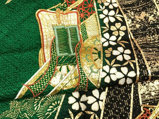平和屋着物●豪華振袖　絞り　駒刺繍　御所車飛鶴松花文　金彩　正絹　逸品　AABM8454fy