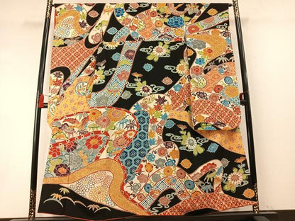 平和屋着物●豪華振袖　型染め　花鳥文　黒地　正絹　逸品　AABM8455fy