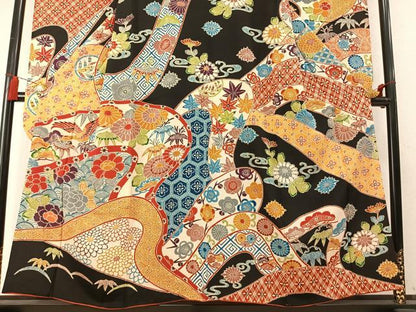 平和屋着物●豪華振袖　型染め　花鳥文　黒地　正絹　逸品　AABM8455fy