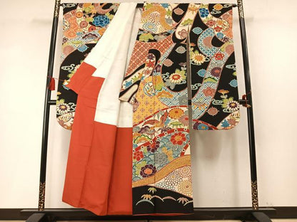 平和屋着物●豪華振袖　型染め　花鳥文　黒地　正絹　逸品　AABM8455fy