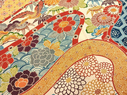 平和屋着物●豪華振袖　型染め　花鳥文　黒地　正絹　逸品　AABM8455fy