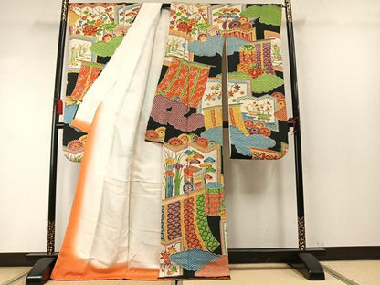 平和屋着物●豪華振袖　型染め　御所車梅松花文　黒地　鬼しぼ縮緬　ロング丈　正絹　逸品　AABM8457fy