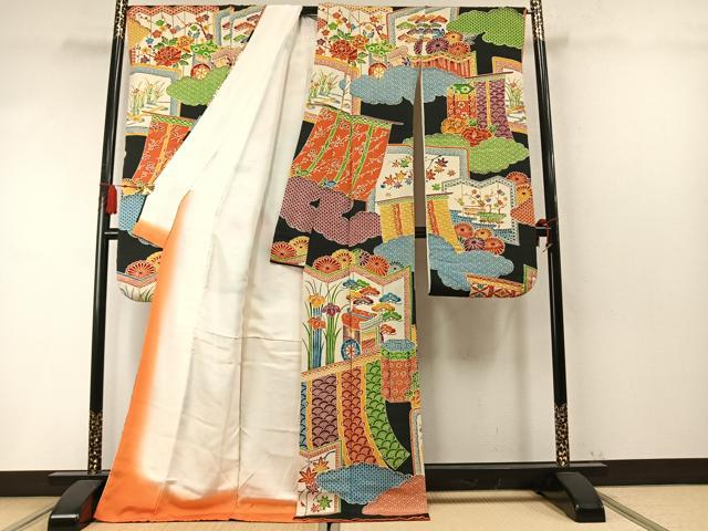 平和屋着物●豪華振袖　型染め　御所車梅松花文　黒地　鬼しぼ縮緬　ロング丈　正絹　逸品　AABM8457fy