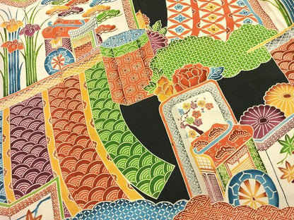 平和屋着物●豪華振袖　型染め　御所車梅松花文　黒地　鬼しぼ縮緬　ロング丈　正絹　逸品　AABM8457fy