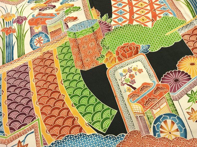 平和屋着物●豪華振袖　型染め　御所車梅松花文　黒地　鬼しぼ縮緬　ロング丈　正絹　逸品　AABM8457fy