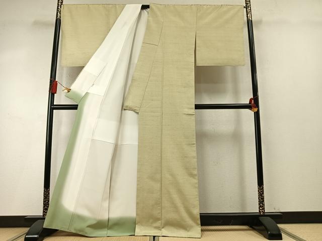 平和屋着物●銀座もとじ　塩沢紬　草木染　柳染　格子文　証紙付き　正絹　逸品　AABM8472fy