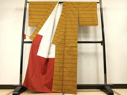 平和屋着物●無形文化財　本場黄八丈　近藤傳　草木染　手織　紬　格子文　正絹　逸品　未使用　AABM8474fy