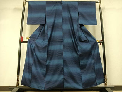 平和屋着物●藍香房　紬　花織　横段文　正絹　逸品　AABM8475fy