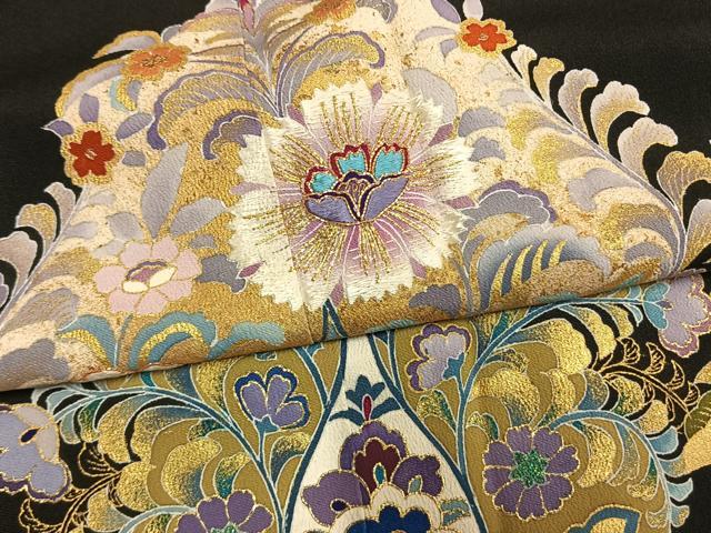 平和屋着物●創業460年・千總  豪華黒留袖　駒刺繍　草花文　金彩　正絹　逸品　AABM8477fy