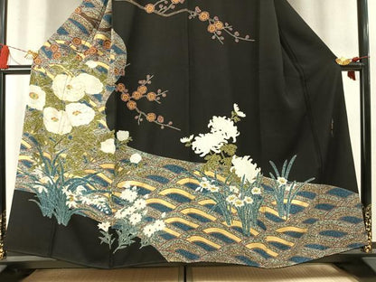 平和屋着物●京友禅の第一人者　松井青々　訪問着　駒刺繍　枝梅花文　黒地　金銀彩　正絹　逸品　AABM8479fy