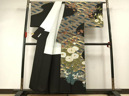 平和屋着物●京友禅の第一人者　松井青々　訪問着　駒刺繍　枝梅花文　黒地　金銀彩　正絹　逸品　AABM8479fy
