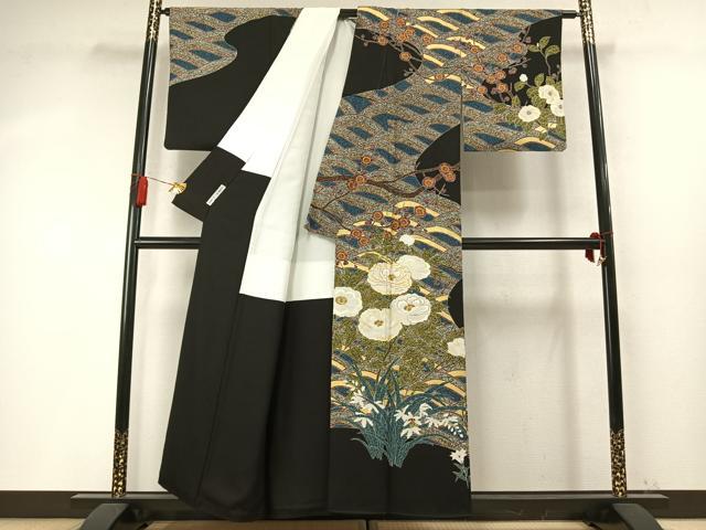 平和屋着物●京友禅の第一人者　松井青々　訪問着　駒刺繍　枝梅花文　黒地　金銀彩　正絹　逸品　AABM8479fy