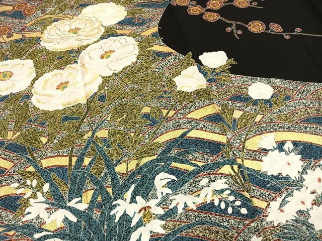 平和屋着物●京友禅の第一人者　松井青々　訪問着　駒刺繍　枝梅花文　黒地　金銀彩　正絹　逸品　AABM8479fy