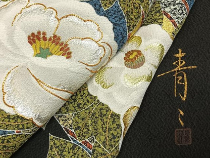 平和屋着物●京友禅の第一人者　松井青々　訪問着　駒刺繍　枝梅花文　黒地　金銀彩　正絹　逸品　AABM8479fy